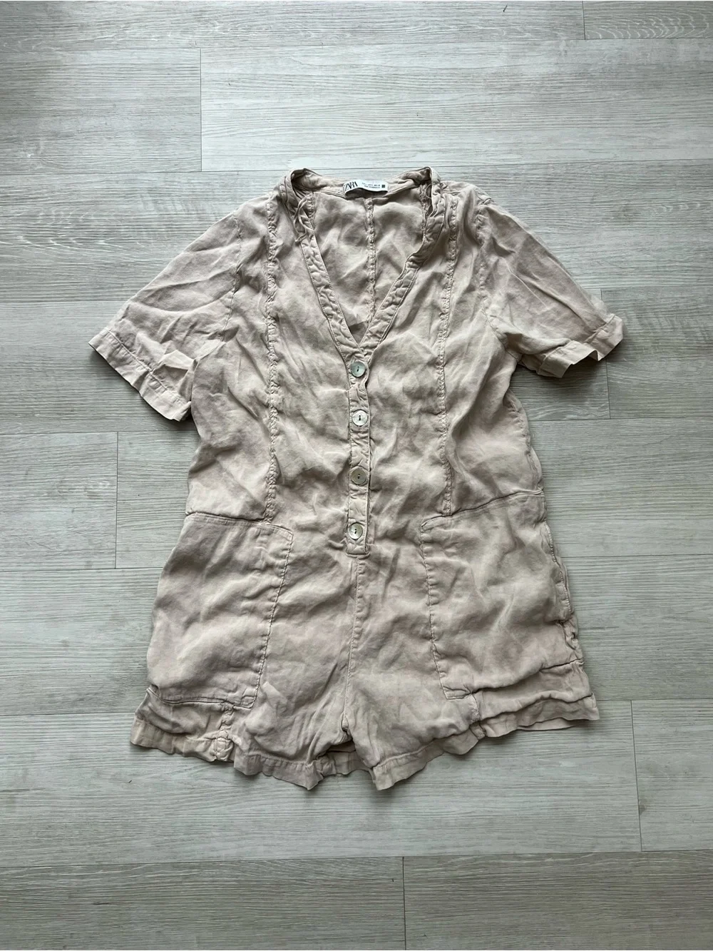 Zara Linen Blend Romper Women’s L Beige Button Front Utility Playsuit Pockets